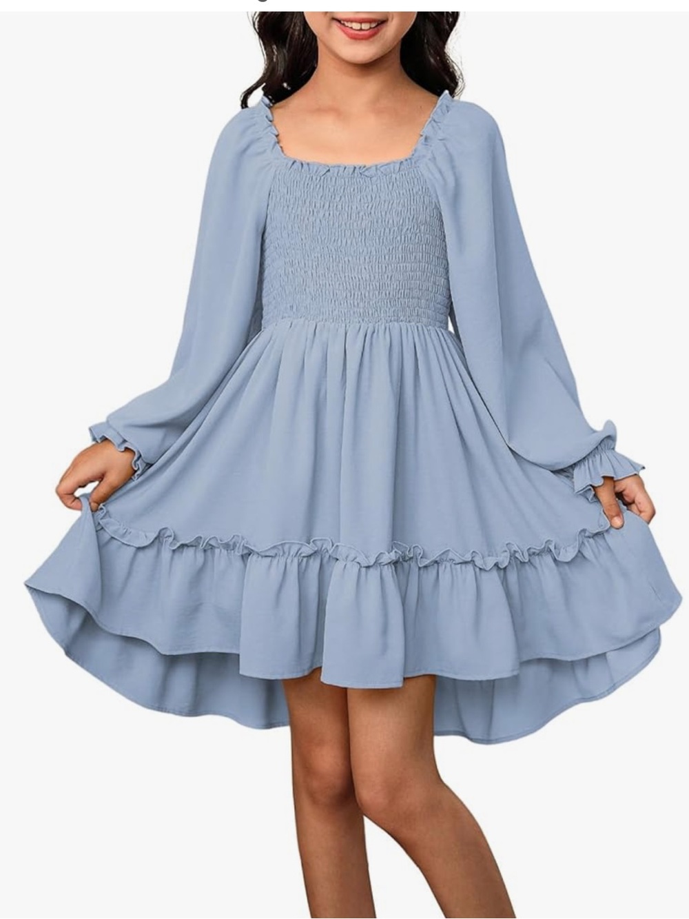 Girls Light Blue High-Low Ruffle Hem Dress